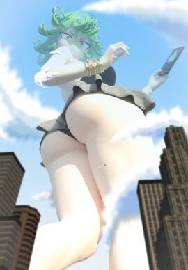 1girls 3d ass bracelet city female female_only giantess green_eyes green_hair huge_ass hyper_giantess kamicamie looking_down one-punch_man phone pov short_hair short_skirt tatsumaki
