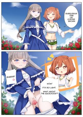 2girls 2koma absurdres anger_vein ass_visible_through_thighs belt bloomers bloomers_pull blue_capelet blue_dress blue_eyes blush braid breasts capelet clenched_hand clenched_teeth clip_studio_paint_(medium) clitoris clothes_lift collar collarbone comic commission commissioner_upload day dress dress_lift embarrassed english_text excited female female_only flower frilled_collar frilled_dress frills green_shorts grey_hair highres kanne_(sousou_no_frieren) lawine_(sousou_no_frieren) lifting_own_clothes long_hair long_sleeves looking_at_viewer medium_breasts multiple_females multiple_girls nabunabu navel non-web_source open_mouth orange_eyes orange_hair outdoors pov pussy red_flower shirt short_hair shorts sky smile sousou_no_frieren spoken_anger_vein spread_pussy standing tagme teenage_female teeth text twintails uncensored underwear urethra white_bloomers white_shirt yuri