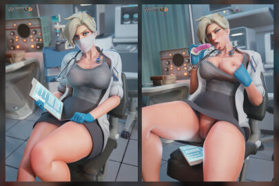 1girls 3d angela_ziegler big_breasts blender blizzard_entertainment blush breasts clothed dildo dildo_gag dildo_in_mouth dildo_mask doctor dr._ziegler exposed_breasts exposed_pussy female female_focus female_only flashing gloves hasfeldt hi_res highres labcoat looking_at_viewer mask masked_female mercy nipples one_tit_out overwatch overwatch_2 pussy saliva skirt solo solo_female solo_focus stethoscope thick_thighs thighs watermark