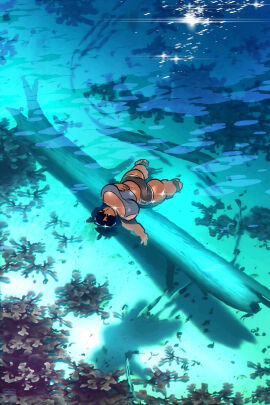 ahoge ass bangs bbw beach belly big_ass big_belly big_breasts big_butt blue_hair breasts brown_eyes cheeked_up chubby chubby_female complex_background dark-skinned_female dark_skin dckiq detailed_background female floating_in_water huge_ass huge_breasts kiqki_(dckiq) lake large_breasts ocean plump sea short_hair squish tan_lines tan_skin tan_skinned_female tanlines thicc thick_thighs water water_background