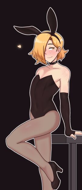 2d black_choker blonde_hair bunny_ears bunnysuit caleb_(dross) choker color cute dross edit femboy freckles gay gloves heart high_heels leaning_back lenart smile smiling thighs yellow_eyes