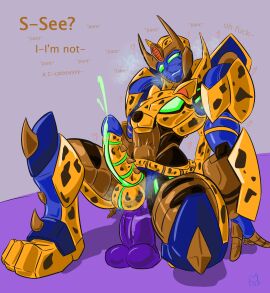 1boy anal anal_sex balls beast_wars big_dildo cat_boy catboy cheetah cheetor cumming cybertronian dildo femboy green_eyes honooafterdark kneeling male penis robot sitting solo solo_male text transformers unusual_anatomy unusual_genitalia unusual_penis