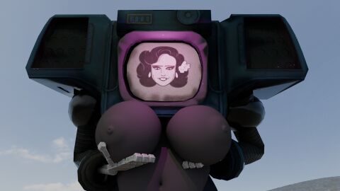 3d blender breasts chubby desert fallout fallout_new_vegas female holding_breasts horny horny_female no_artist_signature reversemilkman robot robot_girl securitron_(fallout) sweaty