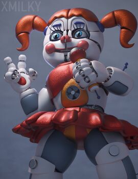 3d accurate_model animatronic baby_(fnafsl) blue_eyes circus_baby circus_baby_(fnaf) circus_baby_(original) female female_only five_nights_at_freddy's five_nights_at_freddy's:_sister_location full_color fully_clothed microphone no_penetration orange_hair panties red_skirt robot robot_girl robot_humanoid skirt solo solo_female striped_panties thighs twintails upskirt white_body x3milky