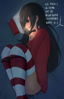 ahoge black_hair blush breath_cloud earbuds female fingering green_eyes hiddennick long_hair lying_on_bed lying_on_side masturbation maya_schoppenboer off_shoulder ongezellig panties panties_down phone pussy pussy_juice red_sweater screen_light solo southeast_asian striped_legwear sweat sweater text watching_porn