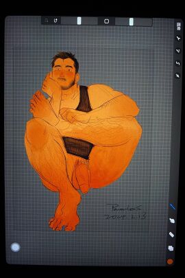 1boy art_program_in_frame bara beard_stubble blush bottomless dated elbow_rest facial_hair flaccid foreskin girthy_penis hairy head_tilt highres leg_lift male male_focus male_pubic_hair mature_male muscular muscular_male original penis photo_(medium) powerlesssong pubic_hair sitting solo stubble thick_eyebrows thick_thighs thighs uncensored uncircumcised unfinished yaoi