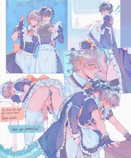 2boys alternate_costume animal_penis apron balls bent_over black_dress black_thighhighs blush butt_plug caelus_(honkai:_star_rail) closed_mouth crispyfrites crossdressing crossdressing_(mtf) dan_heng_(honkai:_star_rail) dan_heng_(imbibitor_lunae)_(honkai:_star_rail) diphallia diphallism dress erection fellatio gay gay_male grey_hair hand_up highres honkai:_star_rail honkai_(series) jewel_butt_plug kneeling maid maid_apron maid_headdress male male_focus multi_genitalia multi_penis multiple_boys multiple_males oral orange_hair pectorals penis pinafore_dress precum sex sex_from_behind sex_toy short_hair sleeveless sleeveless_dress standing standing_sex stealth_fellatio stealth_sex testicles thighhighs trailblazer_(honkai:_star_rail) uncensored white_apron white_thighhighs yaoi