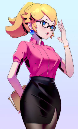 1girls black_skirt blonde_hair blue_eyes bracelet breasts datcravat earrings female glasses holding_paper mario_(series) medium_breasts nintendo office_lady pantyhose papers pencil_skirt pink_shirt ponytail princess_peach shirt shirt_tucked_in skirt