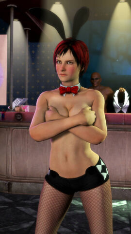 1boy 1girls 2016 2humans 3d 3d_(artwork) 3d_model breasts bunnysuit covering_breasts dark_skin darknessringo dead_or_alive dead_or_alive_5 embarrassed embarrassed_nude_female enf female female_focus female_human frown hazel_eyes light-skinned_female light_skin looking_at_viewer male melanin mila_(doa) not_happy ombre_hair short_hair straight tan-skinned_female tan_skin tecmo topless topless_female unhappy_female upset zack_(dead_or_alive)