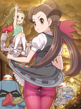ass back_view bare_arms brown_eyes brown_hair cameltoe cave dress female geodude grey_dress gym_leader long_hair nosepass npc_trainer panties_under_pantyhose pantyhose parted_lips pokemoa pokemon pokemon_oras pokemon_rse purple_pantyhose pussy roxanne_(pokemon) roxanne_(pokemon_oras) school_kid_(pokemon) short_sleeves skirt skirt_lift standing thighs twintails underwear young