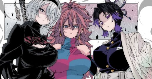 3girls android_21 android_21_(human) belt big_breasts black_dress black_hair black_hairband black_shirt black_sleeves blue_eyes breasts brown_hair butterfly_hair_ornament buttons checkered_clothes checkered_dress cleavage_cutout clothing_cutout crossover demon_slayer demon_slayer_uniform detached_sleeves dragon_ball dragon_ball_(series) dragon_ball_fighterz dress earrings female female_only gradient_hair hair_between_eyes hair_ornament hairband haori headband highres hoop_earrings huge_breasts japanese_clothes jewelry kimetsu_no_yaiba kinakomochi_(user_vedc2333) kochou_shinobu large_breasts long_hair long_sleeves looking_at_viewer mole mole_under_mouth multicolored_dress multicolored_hair multiple_crossover multiple_females multiple_girls nier nier:_automata nier_(series) omochi_db one_eye_covered parted_bangs puffy_sleeves purple_eyes purple_hair shaded_face shirt short_hair sideways sleeveless sleeveless_shirt sword sword_on_back upper_body weapon weapon_on_back white_hair yorha_2b