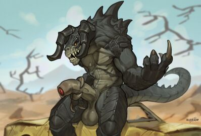2024 balls bethesda_softworks claws deathclaw digital_drawing_(artwork) digital_media_(artwork) erection fallout finger_claws foreskin genitals glans hi_res horn humanoid_genitalia humanoid_penis male male_only outside penis phinnherz scalie sitting solo tail teeth uncircumcised unretracted_foreskin