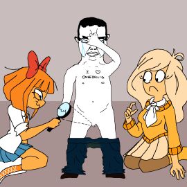 1boy 2girls artist_request ascot balls blue_eyes blue_skirt boots bow bowtie brown_skin chud chudjak coco_schoppenboer female freckles hairbow loser magnifying_glass male micropenis mymy_schoppenboer ongezellig orange_hair orange_tie penis pleated_skirt school_uniform schoolgirl shirt shitpost skirt sleeves_rolled_up small_balls small_penis small_penis_humiliation soyjak sweater sweater_puppies tattoo tie tiny_penis weeping white_ascot white_shirt wojak_comics yellow_sweater