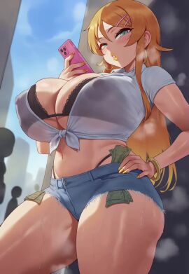 1girls artist_request big_breasts bimbo cum death denim denim_shorts female_death gore guro huge_breasts money offscreen_male offscreen_masturbation panic screaming sound stabbed tagme video