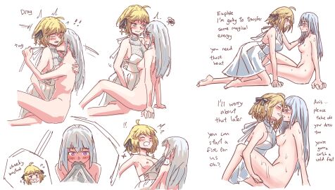 2girls anisphia_wynn_palettia azjames34 blonde_hair blush breasts canon_couple closed_eyes clothed_female_nude_female color colored_sketch completely_nude dialogue dress dress_pull english_text erect_nipples euphyllia_magenta exposed_breasts female finger_fuck fingering fingering_partner full-face_blush fully_clothed green_eyes grey_hair hair_ornament hair_ribbon hand_on_another's_shoulder hand_on_another's_thigh humor imminent_kiss imminent_sex kneeling leg_lift lesbian_marriage long_hair looking_at_another looking_at_partner married_couple motion_lines nipples nude purple_eyes romantic romantic_couple shirt_in_mouth short_hair sideass silver_hair sitting sketch surprised sweat tensei_oujo_to_tensai_reijou_no_mahou_kakumei undressing undressing_another white_background white_dress wholesome wife_and_wife yuri yuri_wedding