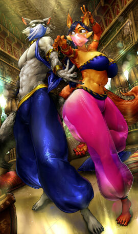 1boy 1girls alliend13 anthro anthro_only athletic athletic_female athletic_male belly_dancer belly_dancer_outfit black_hair bracelet breasts carmelita_fox female fit fit_female fit_male fox_ears fox_girl fox_tail harem_boy harem_girl harem_outfit harem_pants huge_breasts male mask no_sex raccoon raccoon_boy raccoon_ears raccoon_tail see-through_clothing sly_cooper sly_cooper_(series) sweat veil vest voluptuous