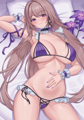 areola_slip armpits blush bra breasts brown_hair cleavage closed_mouth female female_only flower herta_(honkai:_star_rail) highres honkai:_star_rail honkai_(series) large_breasts long_hair looking_at_viewer lying nail_polish navel on_back painted_fingernails painted_nails panties pinkcap purple_nails revealing_clothes smile solo stomach the_herta_(honkai:_star_rail) underboob underwear