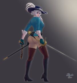 ass black_footwear black_headwear blue_eyes blue_gloves blue_shirt boots borrowed_character breasts brown_shorts earrings female full_body gloves gun hat_feather highres holding holding_gun holding_sword holding_weapon jewelry knee_boots long_hair original paradox_zero_0 rapier rapier-chan_(centurii) rapier_waifu_(centurii-chan rapier_waifu_(centurii-chan) shirt shorts signature solo sword thighhighs weapon white_hair wide_brim