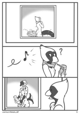 5_fingers anthro anthro_on_anthro avian balls beak big_penis biped bird border canid canine canis cardinal_(bird) collar collar_only comic dalmatian domestic_dog duo erection fingers floppy_ears freckles_(artist) genitals glans hi_res huge_cock humanoid_genitalia humanoid_penis hyper hyper_genitalia hyper_penis interspecies lunares_(freckles) male male/male mammal monochrome multiple_scenes musical_note musical_symbol nude oscine passerine penis pulsar_(character) question_mark solo symbol tail tail_motion tailwag white_border