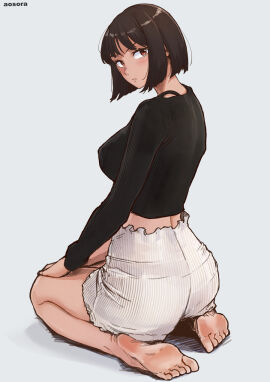 1girls aosora barefoot black_hair black_skirt blush clothed clothed_female clothing feet female hands_on_knees hazel_eyes kneeling kneeling_female looking_back on_knees original original_character short_hair shorts soles tight_pants toes white_shorts