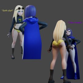 2girls 3d 3d_(artwork) ass blonde_hair booty_shorts dc dc_comics female female_only goth heperson heroine leotard multiple_females multiple_girls purple_hair rachel_roth raven_(dc) shorts shortstack teen_titans terra_(dc) text thick thick_ass