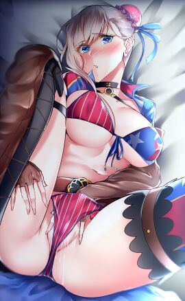 american_flag american_flag_bikini american_flag_print asymmetrical_gloves bikini blue_eyes blue_jacket blush breasts brown_gloves bun_cover choker cleavage cropped_jacket fate/grand_order fate_(series) female female_masturbation fingerless_gloves flag_print gloves hair_bun hair_ribbon highres jacket large_breasts len_(hand_linke) long_hair long_sleeves looking_at_viewer lying masturbation miyamoto_musashi_(fate) miyamoto_musashi_(swimsuit_berserker)_(fate) miyamoto_musashi_(swimsuit_berserker)_(second_ascension)_(fate) navel on_back pink_hair print_bikini pussy pussy_juice ribbon shrug_(clothing) single_side_bun solo spread_legs swept_bangs swimsuit thighhighs thighs