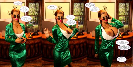 3d 3d_(artwork) 3d_model 3d_render amaz2k12 artist_name big_breasts bimbo bimbofication bimbofication_sequence blue_eyeshadow breast_expansion breast_growth breast_growth_(enlargement) breasts brown_eyes brown_hair cleavage comic cross cross_necklace dialogue english english_text eyeshadow glasses hand_on_head huge_breasts large_breasts lipstick makeup nipple_slip nipples nipples_outside office office_lady onomatopoeia panels pink_lipstick red_nails speech_bubble sunglasses text transformation transformation_sequence unseen_character