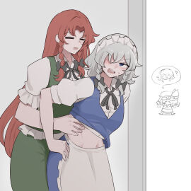 3girls ? annoyed annoyed_expression bat_wings belly belly_button blue_eyes blush blush_lines blushing bow_ribbon bowtie eyebrows eyebrows_visible_through_hair eyelashes eyelashes_visible_through_hair eyes_closed fangs female grabbing_waist green_dress grey_hair hair hair_between_eyes hair_ornament hair_ribbon hat hong_meiling light-skinned_female light_skin long_hair looking_at_another looking_back maid maid_headdress maid_outfit maid_uniform mata_(matasoup) one_eye_covered one_eye_obstructed open_mouth red_hair remilia_scarlet ribbon sakuya_izayoi shirt_lift short_hair speech_bubble stomach sweat sweatdrop sweater sweater_vest sweating textless tied_hair touhou white_background white_shirt wings yuri