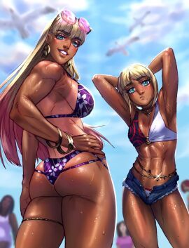 2girls armpits ass athletic athletic_female barbara_(frank_draws) beach big_breasts bikini blonde_hair blue_eyes bracelet breasts bubble_ass bubble_butt busty carlesstries choker daisy_dukes denim_shorts earrings eve_(frank_draws) female female_focus fit fit_female hands_behind_head hourglass_figure long_hair looking_at_viewer looking_back makeup navel outdoors outside short_hair short_shorts sideboob sisters small_breasts tagme tan tan_body tan_skin wet wet_body wet_skin wide_hips