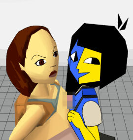 1boy 2girls antenna_hair black_hair blue_shirt blue_skin brown_bag brown_hair censored colored_skin crossover ena ena_(series) female grey_tank_top grid group_sex impstripe joel_g lara_croft lara_croft_(classic) looking_to_the_side low_poly male mosaic_censoring multicolored_skin multiple_females multiple_girls nah shirt simple_background skirt tank_top threesome tomb_raider two-tone_skin v-shaped_eyebrows white_background yellow_skirt