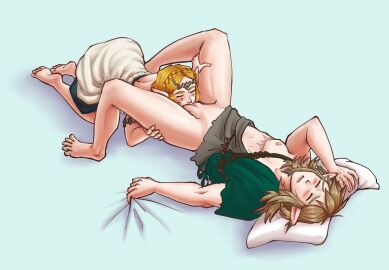 2024 blonde_hair breath_of_the_wild clothed clothing cunnilingus cuntboy duo female genitals grabbing_pillow grabbing_sheets hair hi_res holoeclvpse human humanoid hylian intersex kneeling link mammal mastectomy_scar nintendo nintendo_switch oral pantsless plump_labia princess_zelda pussy sex simple_background tears_of_the_kingdom the_legend_of_zelda vaginal_penetration zelda_(tears_of_the_kingdom)