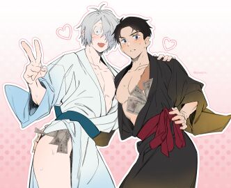 2boys black_hair blush dilf dollar_bills facial_scar gay gay_male gegege_no_kitarou grey_hair hair_over_one_eye hand_on_hip hi_res japanese_clothes kimono kitarou_tanjou_gegege_no_nazo looking_at_viewer male male_only medama_oyaji_(human) mizuki_(gegege_no_kitarou) money money_under_clothes open_kimono pale-skinned_male pale_skin ppwal_nu scar scar_across_eye scars smile sweatdrop v_sign white_hair yaoi