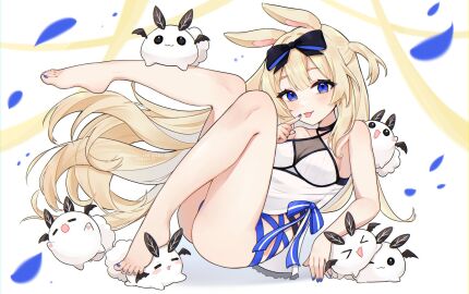 1girls :p >_< aqua_nails bangs bare_arms bare_legs bare_shoulders barefoot bikini black_choker blonde_hair blue_bow blue_eyes blue_nails blush bow breasts bunny_ears bunny_girl choker eyebrows_visible_through_hair feet female fingernails full_body hair_between_eyes hair_bow long_hair looking_at_viewer lying multicolored_nails nail_polish petals pink_nails purple_nails ribbon smile soles solo striped swimsuit toenail_polish toenails toes tongue tongue_out very_long_hair virtual_youtuber vyugen yenko