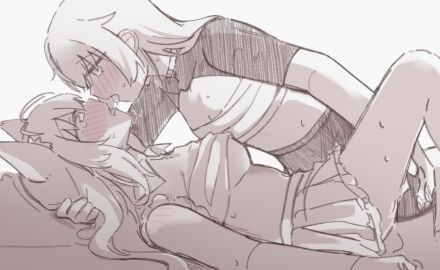 2girls after_kiss animal_ears blush clothes_lift commentary ear_blush eye_contact female fingering from_side greyscale hakui_koyori highres hololive hololive_japan holox hzy_ka kazama_iroha long_hair looking_at_another lying monochrome multiple_females multiple_girls on_back pleated_skirt profile pussy pussy_juice pussy_juice_on_fingers saliva saliva_trail sarashi shirt_lift short_sleeves skirt sweat symbol-only_commentary tongue tongue_out virtual_youtuber wolf_ears yuri