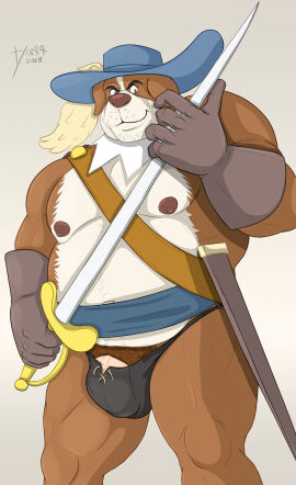 anthro athos_(muskehounds) bara barely_contained begami belly biceps big_penis bulge canid canine canis clothing collar daddy dogtanian_and_the_three_muskehounds domestic_dog genitals gloves hand_on_sword handwear hat hat_feather headgear headwear hi_res looking_at_viewer loose_feather male mammal mastiff melee_weapon molosser mostly_nude mountain_dog musclegut muscular muscular_anthro muscular_male navel nipples overweight overweight_anthro overweight_male penis pubes saint_bernard sash scabbard solo stubble sword thick_thighs weapon