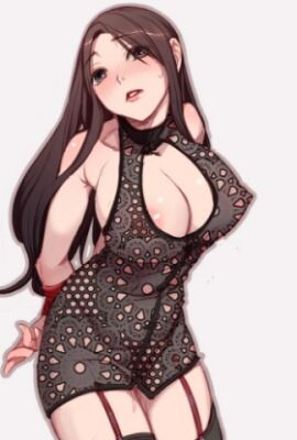 areola_slip areolae arms_behind_back blush bound breasts cleavage female garter_belt garter_straps large_breasts leopard_print long_hair mole open_mouth polka_dot polka_dot_dress polka_dot_legwear print_legwear solo thighhighs