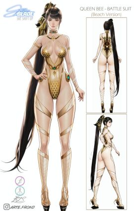 1girls artefrond character_sheet cleavage eve_(stellar_blade) female full full_body high_heels ponytail revealing_clothes solo stellar_blade tight_clothing