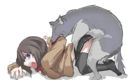 1boy 1girls arm_behind_back bite black_hair blood_on_clothing blue_eyes breast_press breasts canid canine canis clothed clothed_female clothed_sex clothing dog doggy_style domestic_dog female male male/female medium_hair open_mouth original school_uniform schoolgirl sex sex_from_behind simple_background white_background zoophilia