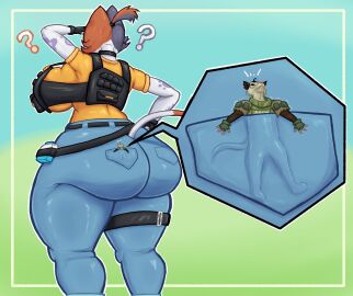 1boy 1girls ? american_opossum anthro ass belt big_ass breasts brown_fur bubble_ass bubble_butt bulletproof_vest calico_cat cate_meowdy_(fortnite) clothed collar epic_games feline female female_focus fingerless_gloves forgotten fortnite furry furry_only giantess gloves gluteal_fold grey_fur hand_on_hip head_tuft hiding hourglass_figure jeans male markings marsupial pants ponytail possum reasue searching skillet_(fortnite) tail thick_thighs three-quarter_portrait tiny unaware where_is_heisenberg white_fur zoom_in