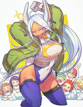 3girls 4boys ;d animal_costume animal_ears arm_behind_head arm_up big_breasts boku_no_hero_academia breasts carrot clenched_hand clothing_cutout commentary covered_navel crescent_print dark-skinned_female dark_skin eijirou_kirishima female female_focus floating_hair food_in_mouth fur_collar gloves green_jacket hero_outfit_(mha) highleg highleg_leotard highres izuku_midoriya jacket katsuki_bakugou kyoka_jiro large_breasts leotard long_eyelashes long_hair looking_at_viewer male mecyo_(mamezurushiki) miruko multiple_boys multiple_females multiple_girls multiple_males my_hero_academia ochako_uraraka one_eye_closed open_mouth parted_bangs purple-haired_female purple_hair purple_thighhighs rabbit_costume rabbit_ears rabbit_girl rabbit_tail red_eyes rumi_usagiyama shouto_todoroki sleeveless_turtleneck_leotard smile solo_focus symbol-only_commentary tail tail_through_clothes taut_leotard teeth thighhighs thighs toned very_long_hair white-haired_female white_background white_gloves white_hair white_leotard
