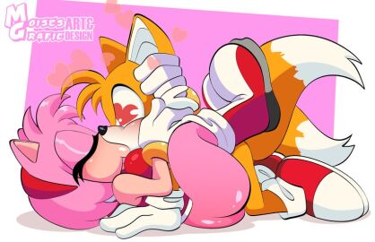 amy_rose bottomless breasts exposed_torso female footwear handwear kissing male miles_prower moisesgrafic sonic_(series) tails tails_the_fox younger_male