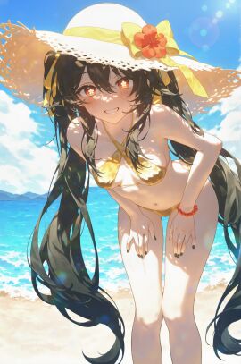 absurd_res ai_generated alternate_costume ass_visible_through_thighs bare_arms bare_legs bare_shoulders beach bead_bracelet beads bent_over bikini black_hair black_nails blue_sky blush bow bracelet breasts brown_hair cloud criss-cross_halter day feet_out_of_frame female flower flower-shaped_pupils genshin_impact gold_bikini grin hair_between_eyes hair_ribbon halterneck hand_on_own_thigh hands_on_own_thighs hat hat_bow hat_flower hat_ribbon hu_tao_(genshin_impact) jewelry leaning_forward legs lens_flare long_hair looking_at_viewer medium_breasts ministro nail_polish navel ocean outdoors red_eyes red_flower ribbon sand shore sidelocks sky small_breasts smile solo standing stomach straw_hat string_bikini sun_hat sunlight swimsuit symbol-shaped_pupils teeth thigh_gap thighs twintails very_long_hair water wet white_headwear yellow_bikini yellow_bow yellow_ribbon