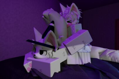 3d_(artwork) absurd_res anal anthro ass bed bedroom clothing cone_furry conefurry digital_media_(artwork) domestic_cat duo felid feline felis femboy femboy/femboy fluffy fluffy_tail fur furniture hi_res kemono legwear light lighting male male/male mammal penetration pillow purple_lighting roblox simonsays_999 snout tail thigh_highs traffic_cone white_body white_fur