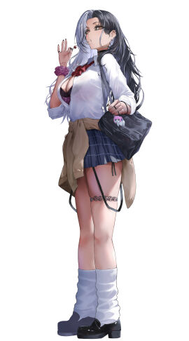 aki_x_3 amber_eyes bag big_breasts black_hair bra breasts doro_(nikke) ear_piercing eyeshadow garter goddess_of_victory:_nikke gyaru lolipop long_hair looking_at_viewer mostly_clothed rosanna_(nikke) school_uniform scrunchie shoes short_skirt socks tagme tight_clothing white_background white_hair
