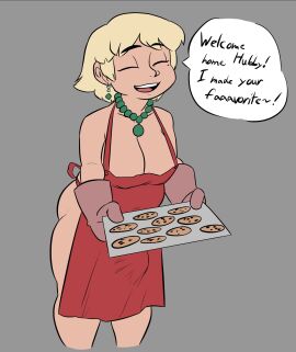 1futa 2022 apron_only breasts bulge bulge_through_clothing clothed clothing cookies cooking cybertoxin english english_dialogue english_text flaccid futa_only futanari housewife human intersex light-skinned_futa light_skin mostly_nude necklace oc original_character original_characters penis scarlet_(cybertoxin) solo solo_futa speech_bubble speech_bubbles