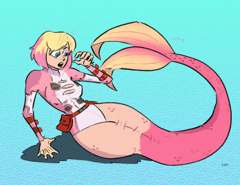 1girls blonde_hair blue_eyes breast_expansion breast_growth breast_growth_(enlargement) breasts confused confusion female female_only gwenpool marvel marvel_comics merfolk mermaid mermaid_girl mermaid_tail mermaid_transformation mermaidstooge mid-transformation monster_girl multicolored_hair nipple_bulge nipples_visible_through_clothing open_mouth pink_hair ripping_clothing shocked short_hair solo superhero_costume thick_thighs transformation two-tone_hair webbed_hands