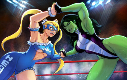 2girls alex_dos_diaz blonde_hair breasts catfight cleavage clothing_cutout colored_skin crossover eastern_and_western_character female female_only frills green_hair green_skin heart_cutout large_breasts leotard marvel marvel_comics marvel_vs._capcom multiple_females multiple_girls muscular muscular_female official_alternate_costume rainbow_mika she-hulk single_leg_bodysuit single_sleeve smile stickiezblue street_fighter street_fighter_v twintails wrestling wrestling_mask wrestling_outfit
