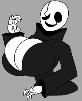 2d 2d_(artwork) big_breasts black_dress breasts breasts_bigger_than_head cleavage cleavage_cutout cleavage_overflow dress fem_gaster female female_only gaster grey_background solo solo_female stickytape tagme turtleneck turtleneck_dress undertale undertale_(series)