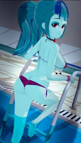 2024 3d ass back_view backboob big_ass bikini blue_body blue_hair blue_skin breasts collar cyan_body equestria_girls female hasbro hornydogo large_ass looking_at_viewer looking_back looking_back_at_viewer my_little_pony necklace pink_eyes ponytail pool poolside rainbow_rocks smile smiling smiling_at_viewer sonata_dusk twitter twitter_link