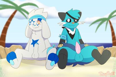 absurd_res balls balls_tuft bandage bandaged_arm bandaged_leg beach clothing davyboi dewott duo eye_patch eyewear fur fur_markings generation_5_pokemon generation_8_pokemon genitals hi_res humanoid_genitalia humanoid_penis kerchief looking_at_viewer male male/male markings neckwear nintendo nude pawpads paws penis pokemon pokemon_(species) rabbity_the_raboot raboot scarf shell sitting smile spearmint_iv_the_dewott tapering_penis tuft